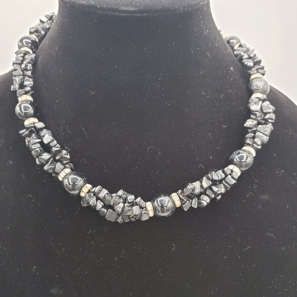 ADO Black Beaded Strands with Rhinestones Necklace